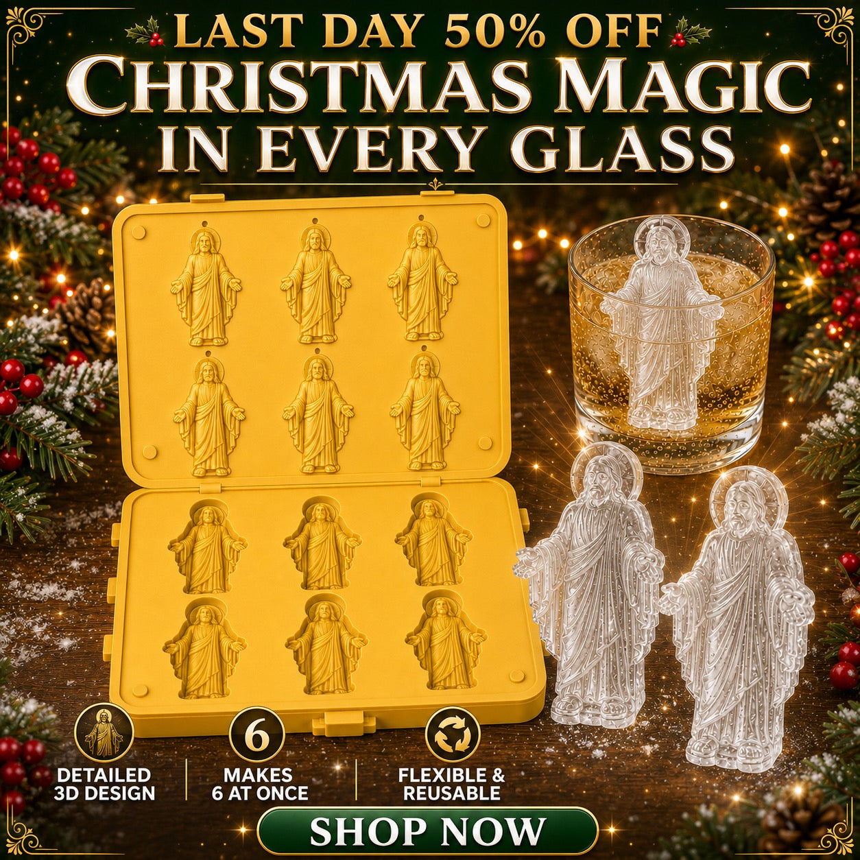 Christmas 3D Ice Mold Collection – 6-Cavity Silicone Holiday Drink Molds