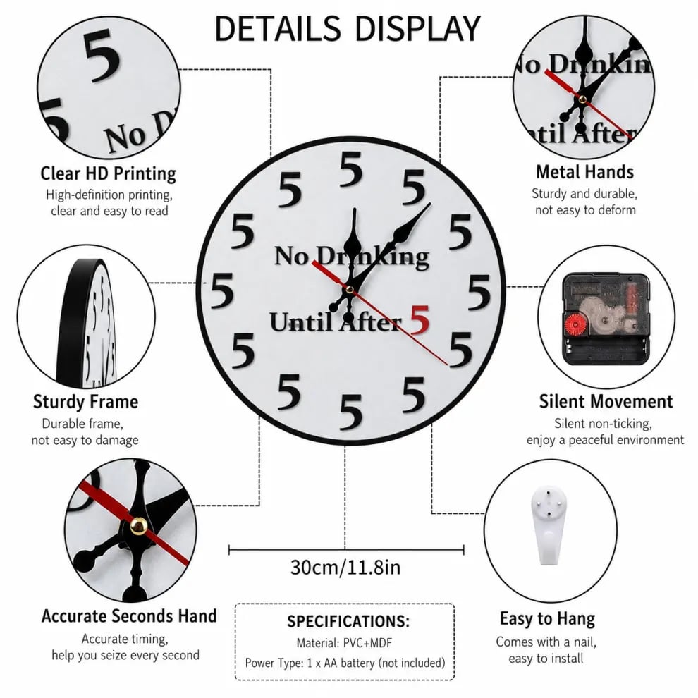 🔥Limited-Time 49% OFF 🔥Funny No Drinking Until After 5 Round Wall Clock