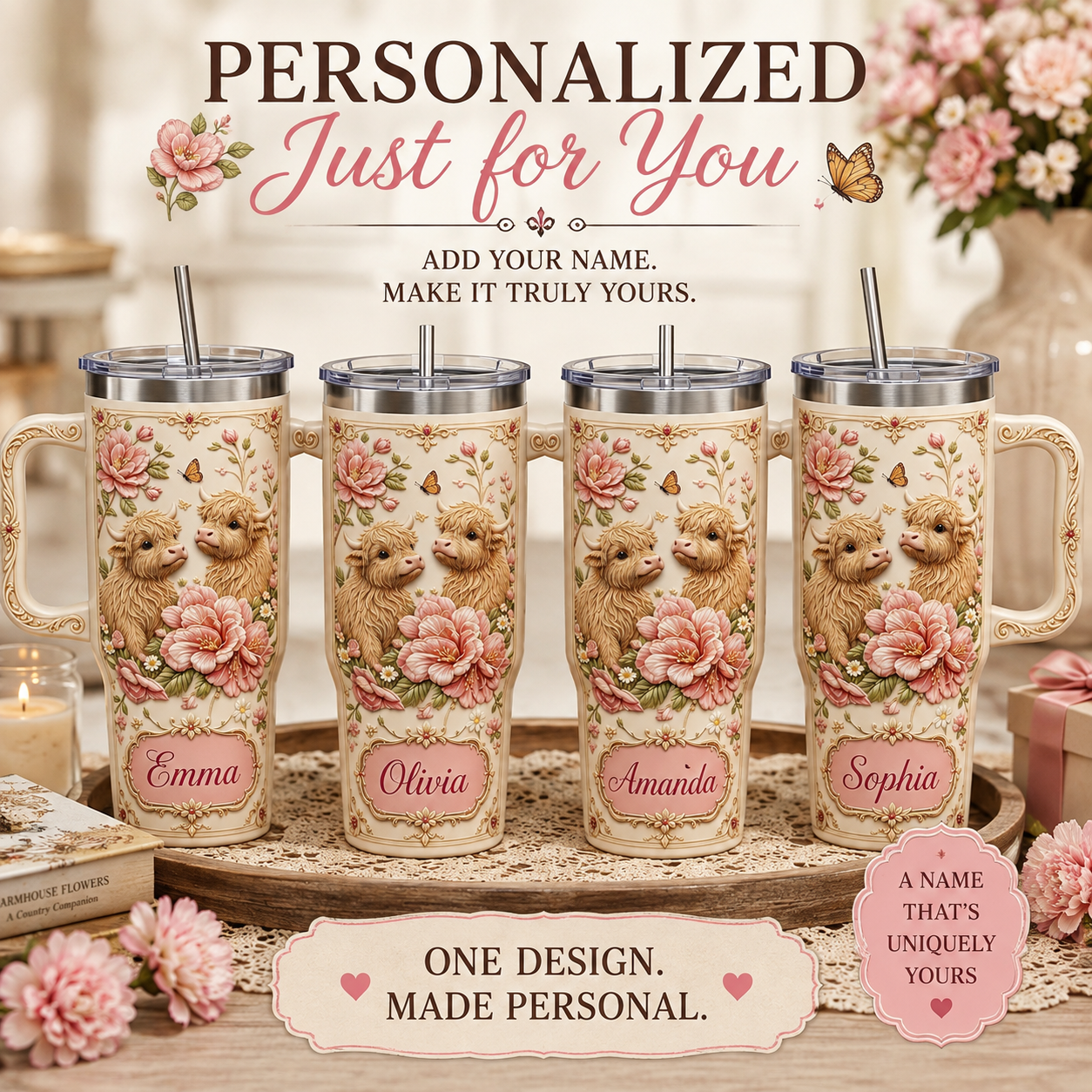 Personalized Highland Cow Floral Tumbler – Custom Name Farmhouse Cup