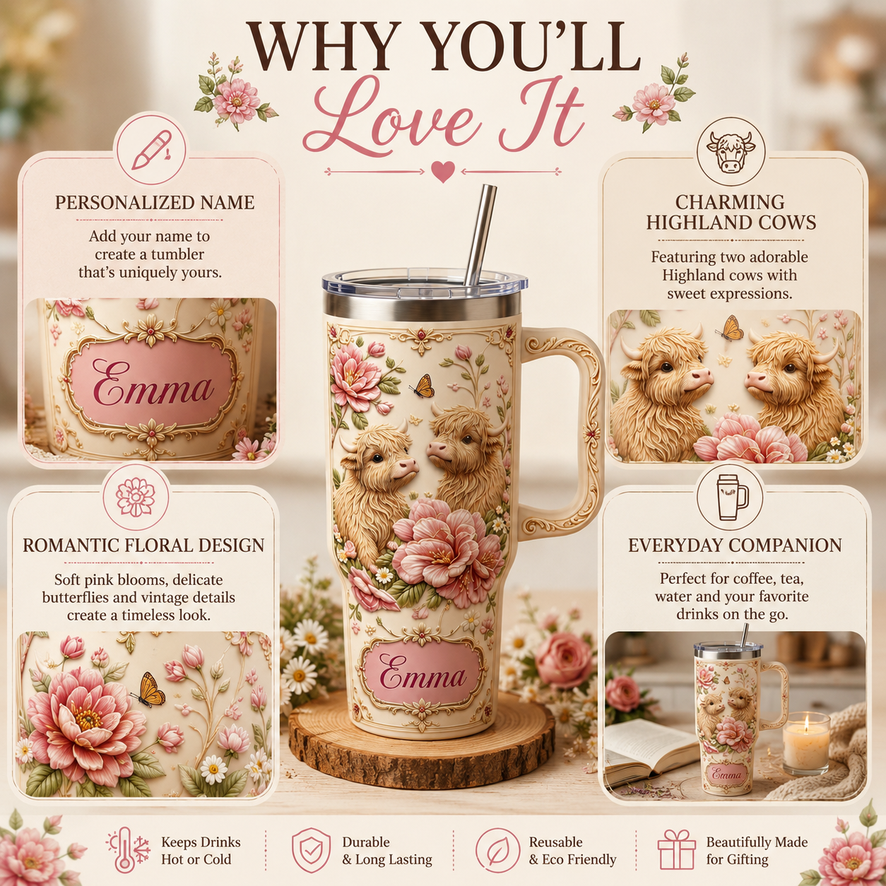 Personalized Highland Cow Floral Tumbler – Custom Name Farmhouse Cup