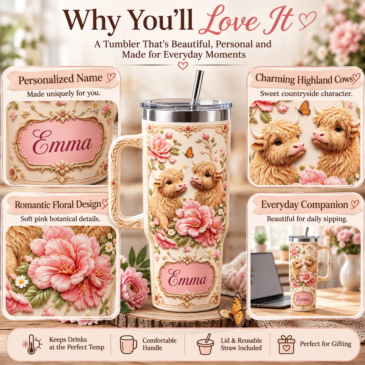 Personalized Highland Cow Floral Tumbler – Custom Name Farmhouse Cup