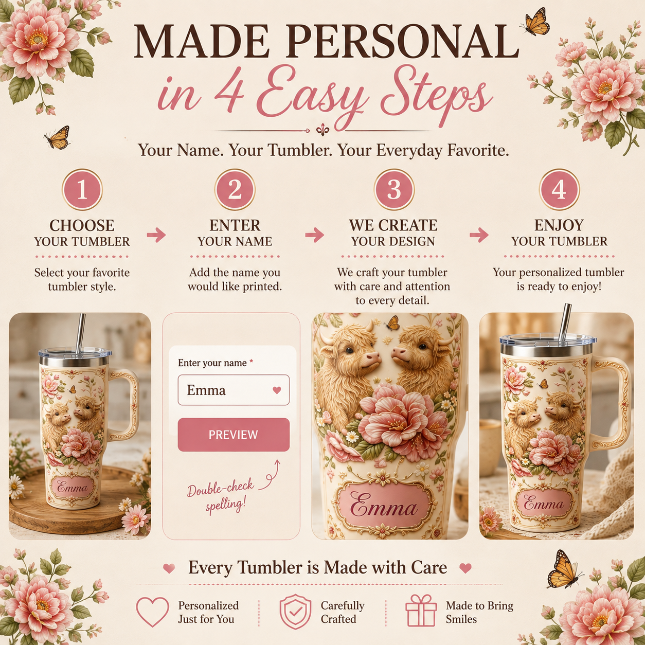 Personalized Highland Cow Floral Tumbler – Custom Name Farmhouse Cup