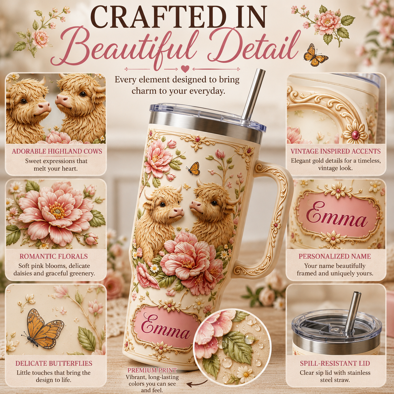 Personalized Highland Cow Floral Tumbler – Custom Name Farmhouse Cup