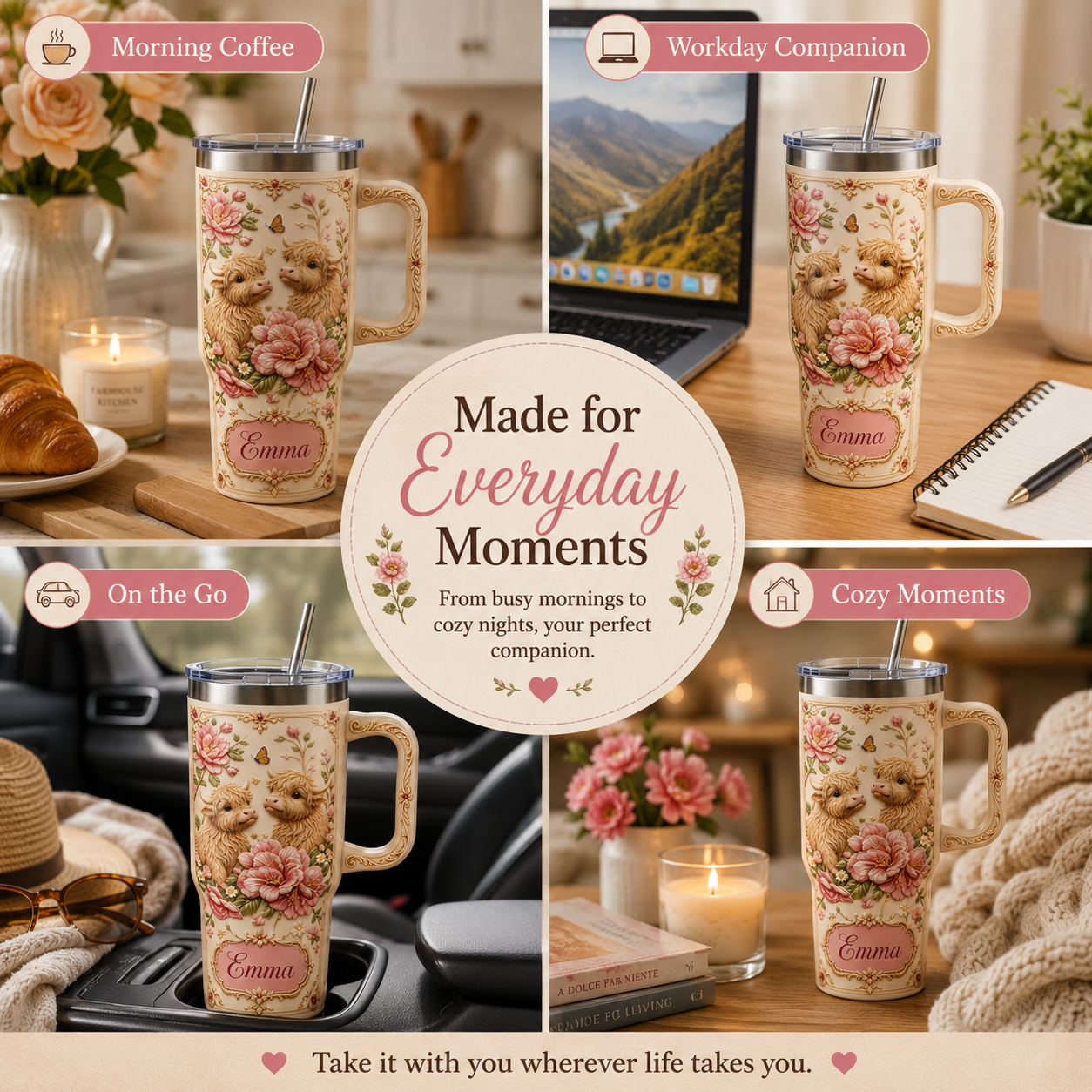 Personalized Highland Cow Floral Tumbler – Custom Name Farmhouse Cup