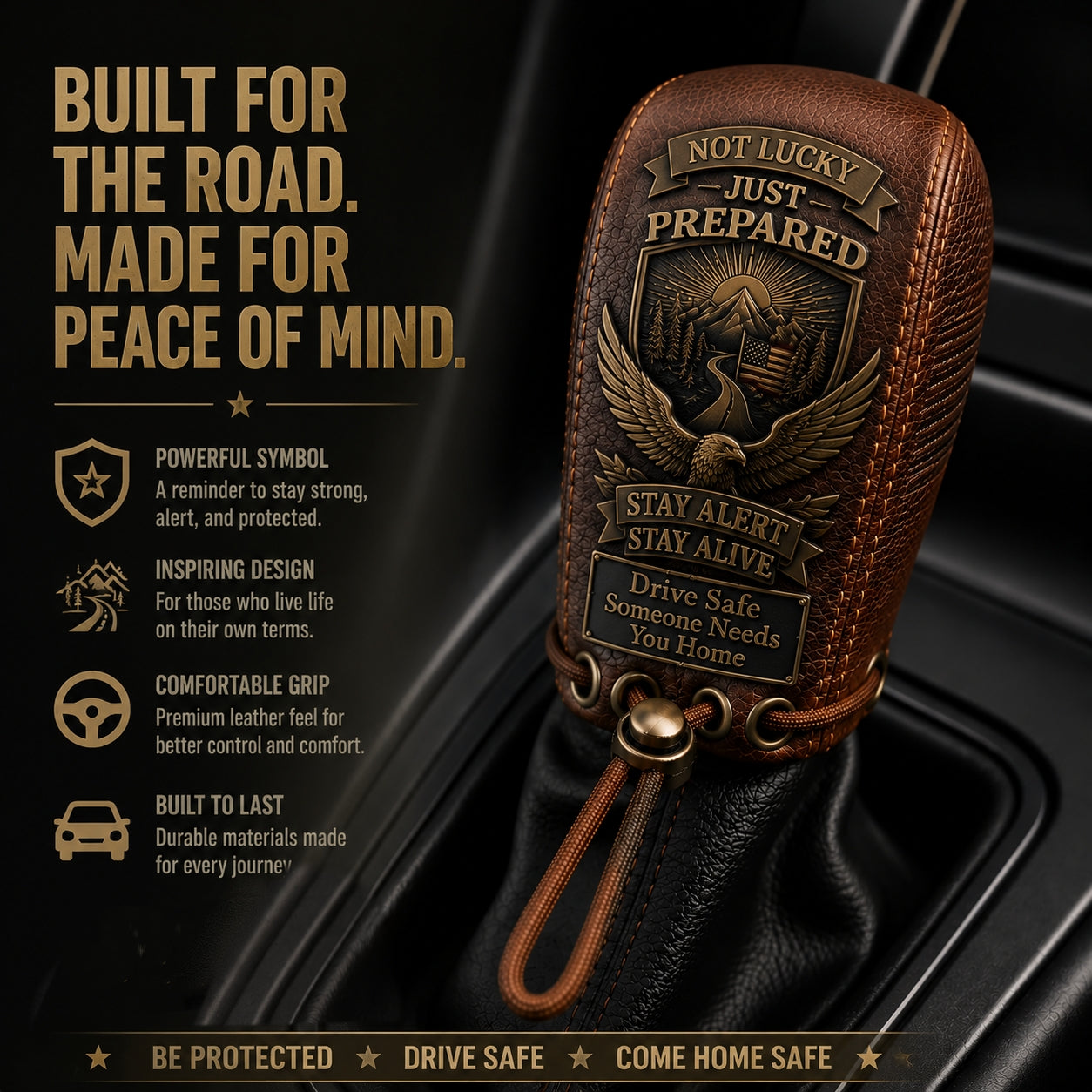 "Built for the Road. Made for Peace of Mind." Premium Leather Gear Shift Cover