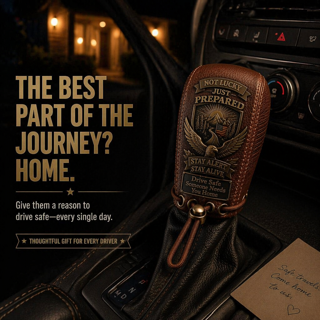 "Built for the Road. Made for Peace of Mind." Premium Leather Gear Shift Cover