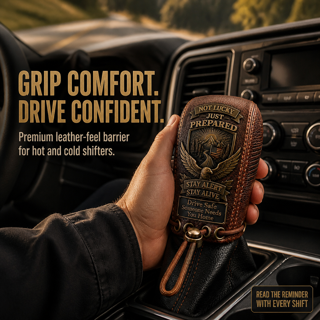 "Built for the Road. Made for Peace of Mind." Premium Leather Gear Shift Cover