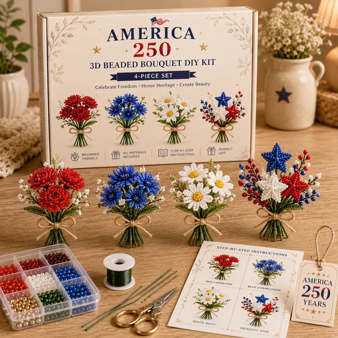 America 250 Beaded Bouquet DIY Kit Limited Edition Patriotic Craft Collection