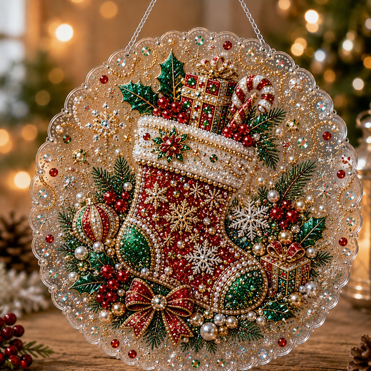 🎄 LAST DAY 75% OFF – ✨ Christmas Pearl Diamond Art Hanging Ornament Kit | Luxury Flocked Canvas with Scratch-Resistant Non-Fading Pearl Beads DIY Handmade Holiday Hanging Decor 🎅💎